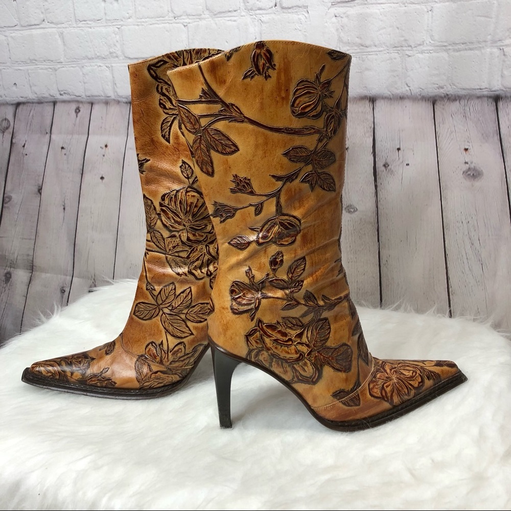 Andrew Stevens Tan Floral Embossed Leather Boots 7.5 (EU 38)